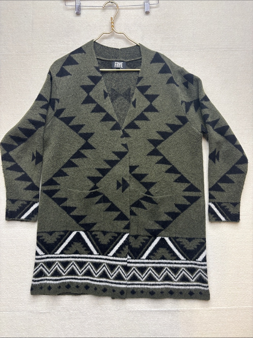 FRYE Olive, Black & White Geometric Open-Front Cardigan XL